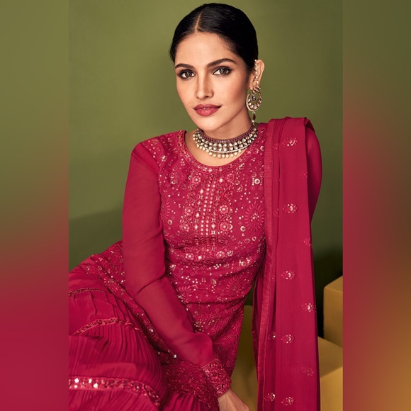 Ruby Red Straight Cut Party Wear Sharara Suit In Georgette - Picture 3 of 3